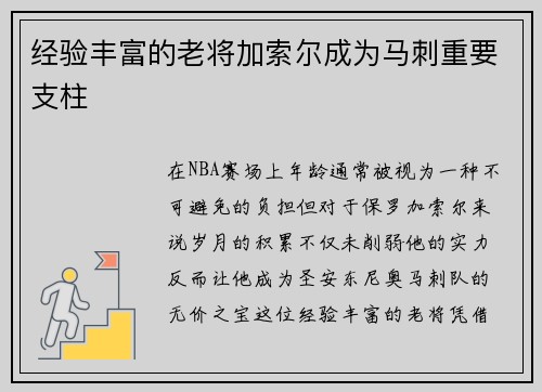 经验丰富的老将加索尔成为马刺重要支柱
